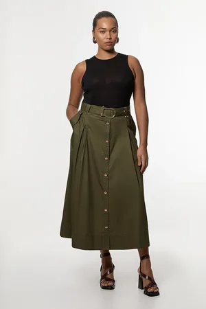 Karen Millen Plus Size Cotton Sateen Belt Detail Midi Skirt