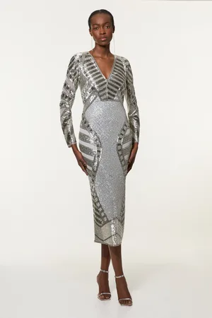 Karen Millen Premium Mirrored Crystal Embellished Woven Midi Dress