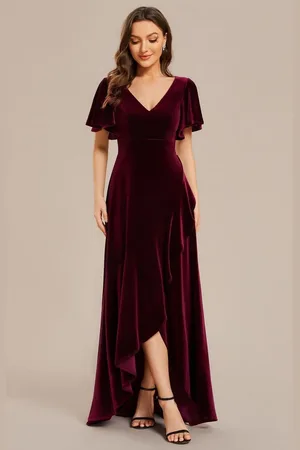 Ever Pretty Elegant Double V-Neck Short Sleeves Velvet Evening Dress