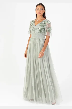 Maya Deluxe Floral Embellished Shirred Waist Short Sleeve Maxi Dress