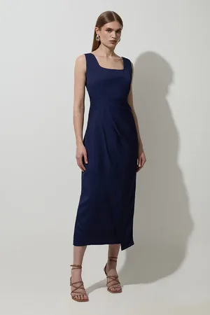 Karen Millen Petite Tailored Viscose Linen Strappy Pleat Detail Midaxi Dress