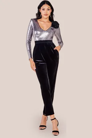 Goddiva Liquid Sequin Jumpsuit With Corsage