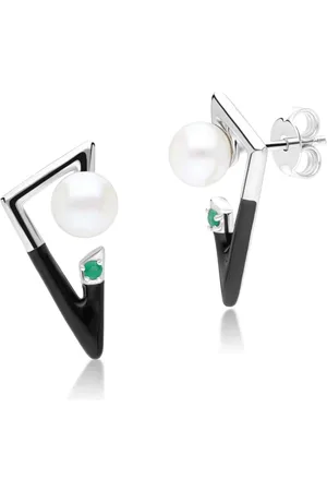 Gemondo Grand Deco Emerald & Pearl Retro Earrings In Sterling Silver