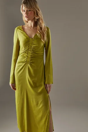 warehouse Crinkle Satin Ruched Front Column Midi Dress