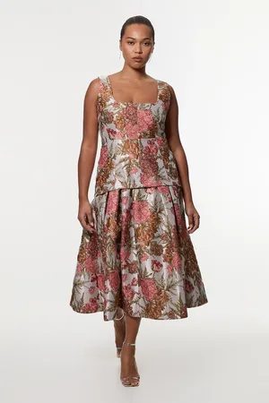 Karen Millen Plus Size Jacquard Strappy Full Skirted Tailored Maxi Dress