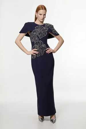 Karen Millen Placed Floral Crystal Embellished Tailored Cape Maxi Dress