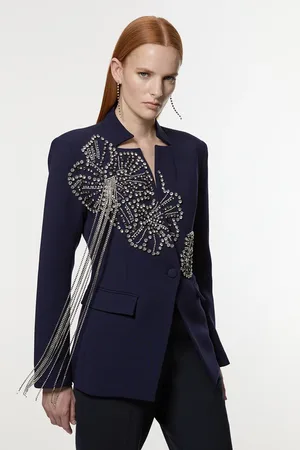 Karen Millen Placed Floral Crystal Embellished Tailored Blazer Jacket