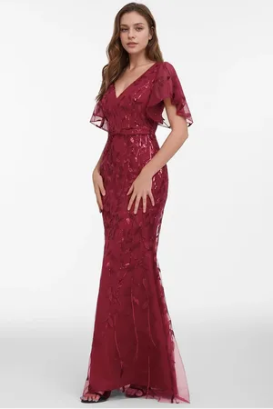 Ever Pretty Elegant V Neck Ruffle Sleeve Leaf Embroidery Maxi Fishtail Evening Dress