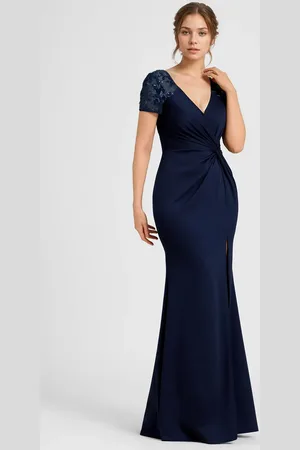 Ever Pretty Elegant V Neck Ruffle Sleeve Ruched Split Maxi Bodycon Evening Dress