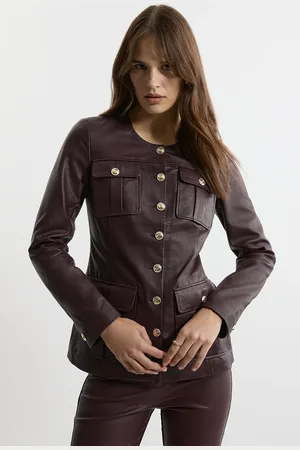 Karen Millen Leather Military Button Through Tailored Collarless Jacket
