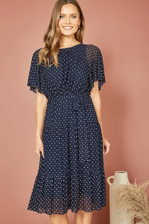 Yumi Dot Print Mesh Stretch Midi Skater Dress