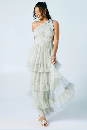 Oasis Pleated Mesh One Shoulder Tiered Maxi Bridesmaids Maxi Dress