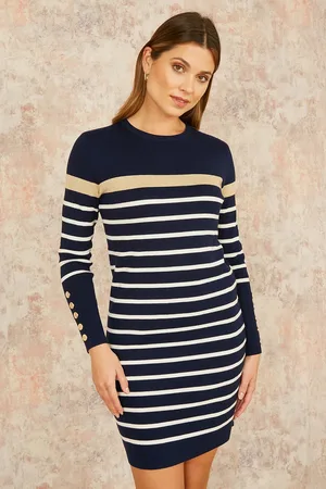 Yumi Striped Knitted Dress With Button Cuff Detail