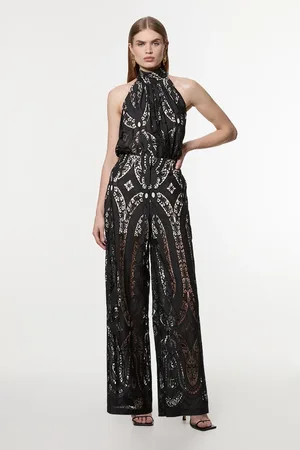Karen Millen Sheer Georgette Cutwork Woven Wide Leg Trouser