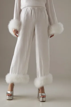warehouse Premium Iridescent Feather Cuff Wide Leg Trousers