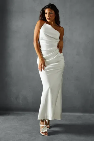 MissPap Satin Asymmetric Strap Pleated Waist Low Back Maxi Dress