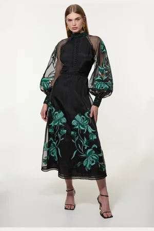 Karen Millen Floral Embroidery Organdie Woven Midi Dress