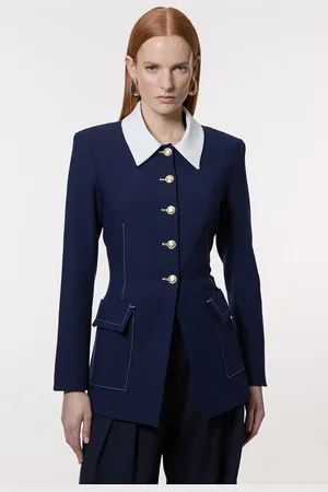 Karen Millen Compact Stretch Tailored Contrast Collar Single Breasted Longline Jacket