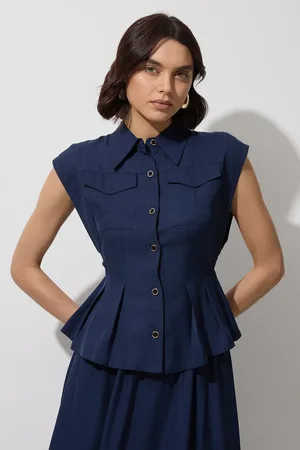 Karen Millen Tall Premium Viscose Linen Topstitch Woven Blouse With Waist Seam Detail