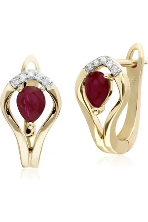 Gemondo Classic Round Ruby & Diamond Leaf Halo Lever back Earrings in 9ct Yellow Gold