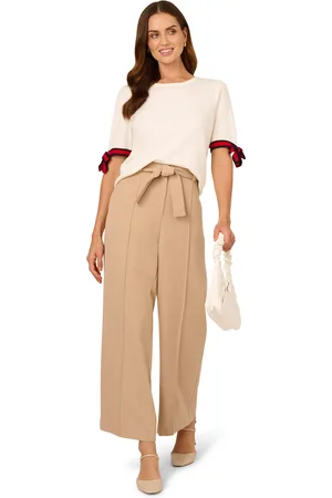 Adrianna Papell Striped Bow Short Sleeve Sweater With Crew Neckline