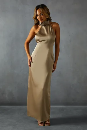 MissPap Satin Corsage Halterneck Low Back Maxi Dress