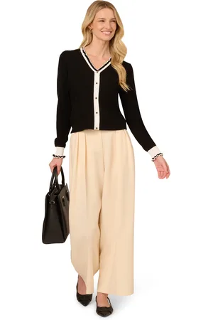 Adrianna Papell Contrast V-Neck Ruffle Detail Long Sleeve Sweater