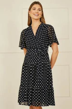 Yumi Dot Print Mesh Stretch Midi Skater Dress