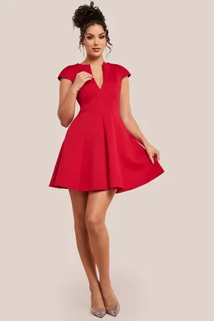 Goddiva Cap Sleeve Plunging V Neckline Skater Mini Dress