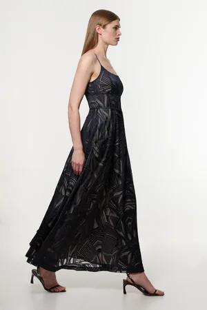 Karen Millen Amelia Graham Tall Burnout Split Woven Prom Strappy Maxi Dress