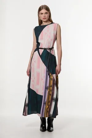 Karen Millen Amelia Graham Soft Tailored Print Placement Full Midaxi Dress
