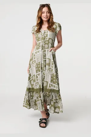 Izabel London Printed V-Neck Cap Sleeve Maxi Dress