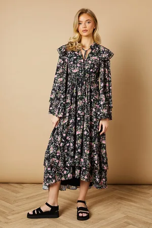 Oasis Floral Printed Drawstring Waist Midi Dress