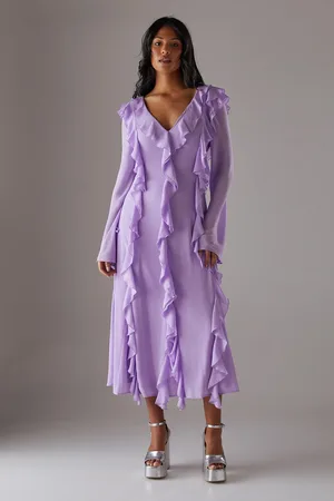 warehouse Premium Chiffon Ruffle Tie Cuff Maxi Dress