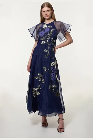 Karen Millen Short Sleeve Sleeve Floral Applique Organdie Woven Maxi Dress