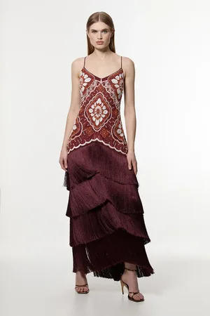 Karen Millen Petite Embellished Fringe Strappy Woven Maxi Dress