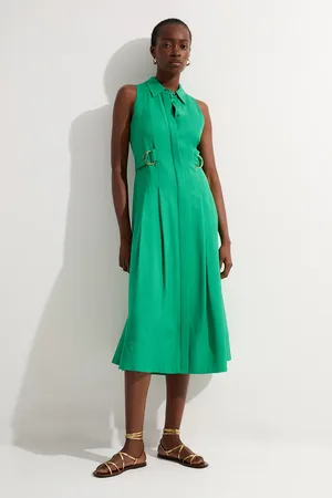 Karen Millen Petite Premium Viscose Linen Topstitch Halter Neck Woven Midi Dress With D Ring Detail