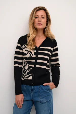 Cream Dela V-neck Buttons Printed Cardigan-Striped