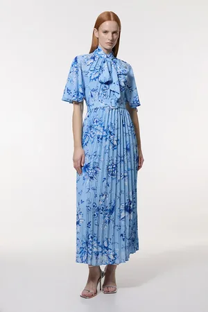 Karen Millen Floral Georgette Tie Neck Pleated Woven Midi Dress