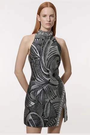 Karen Millen Crystal Embellished Jacquard Woven Thigh Split Mini Dress