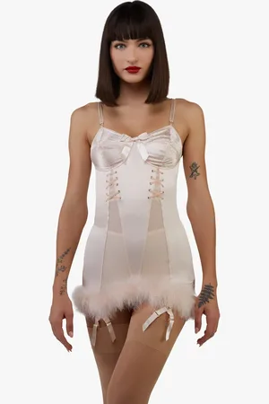 Playful Promises Elsie Spiral Cup Feather Hem Corselette Slip
