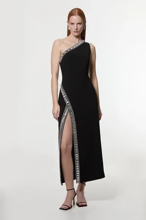 Karen Millen Crystal Embellished One Shoulder Woven Maxi Dress