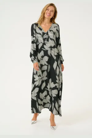 Cream Cromma Long Sleeve V-Neck Maxi Dress Printed