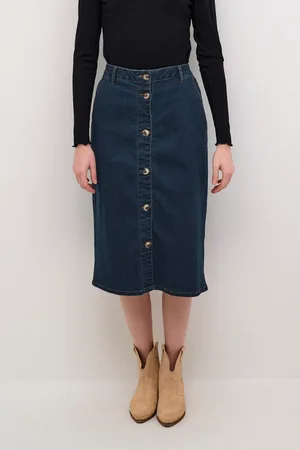Cream Visti Buttons Pencil Fit Denim Skirt Plain