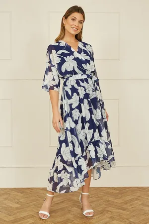 Yumi Mesh Bird And Floral Print Midi Dress With Ruffles