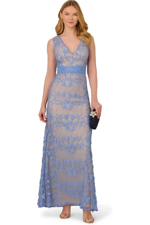 Adrianna Papell Embroidered Lace V-Neck Gown