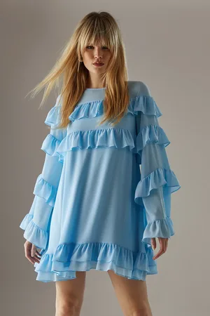 warehouse Chiffon Ruffle Flared Sleeve Mini Smock Dress