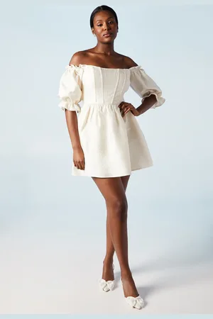 Oasis Off The Shoulder Puff Sleeve Jacquard Bridal Mini Dress