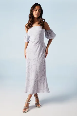 Oasis Rose Jacquard Puff Sleeve Asym Detail Bridesmaids Midi Dress