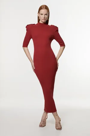 Karen Millen Viscose Blend Rib Knit Power Shoulder Military Trim Maxi Dress